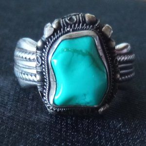 Sz 10.5 - Antique Chinese Turquoise and 925 Sterling Silver Filigree Ring